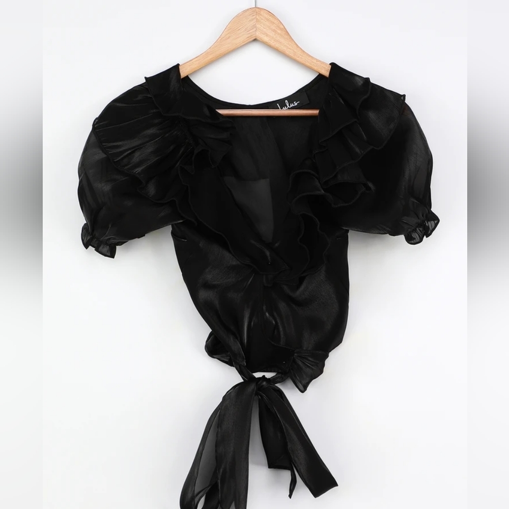 Lulu's Master‎ of Style Black Puff Sleeve Cropped Wrap Top XS Bow Sheer Goth